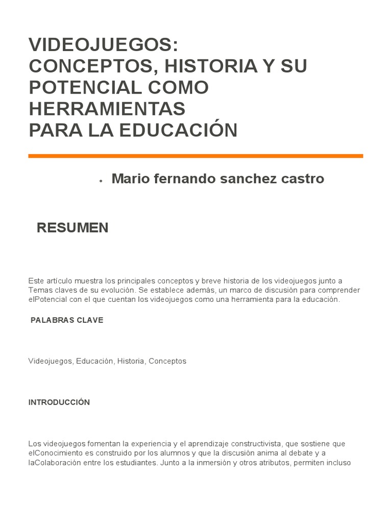 Videojuegosnconceptonynsunpotencial 65648b78501fcca | PDF | Aprendizaje ...