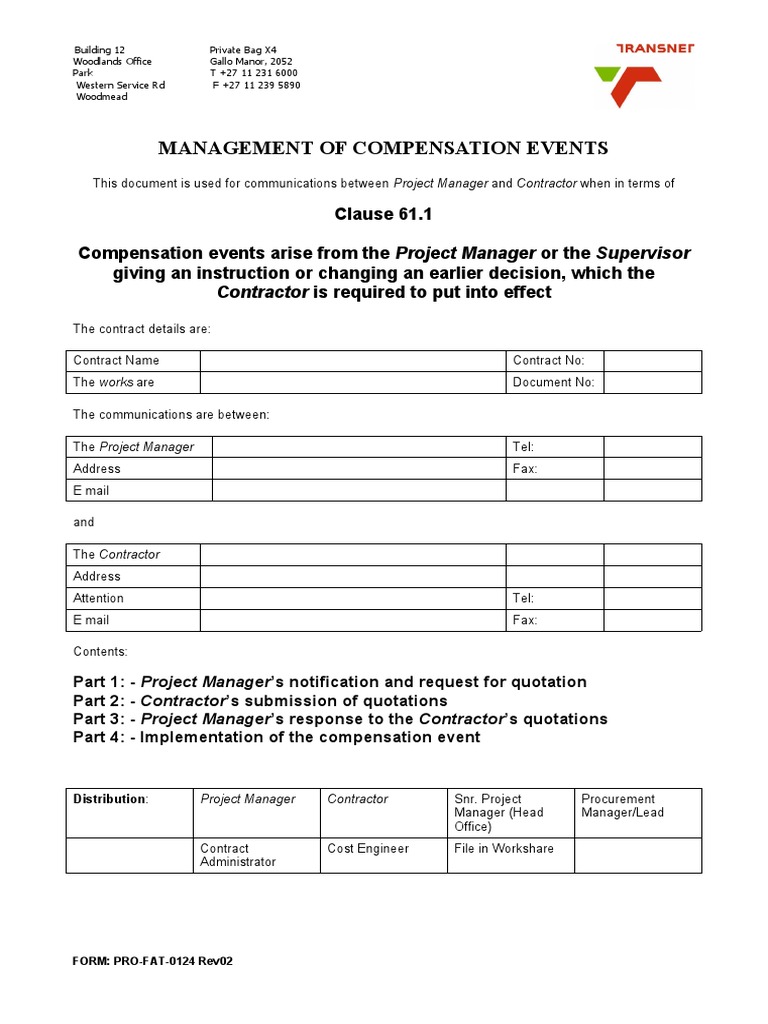 PROFAT0124 Rev02 Notification of Compensation Event PDF Prices
