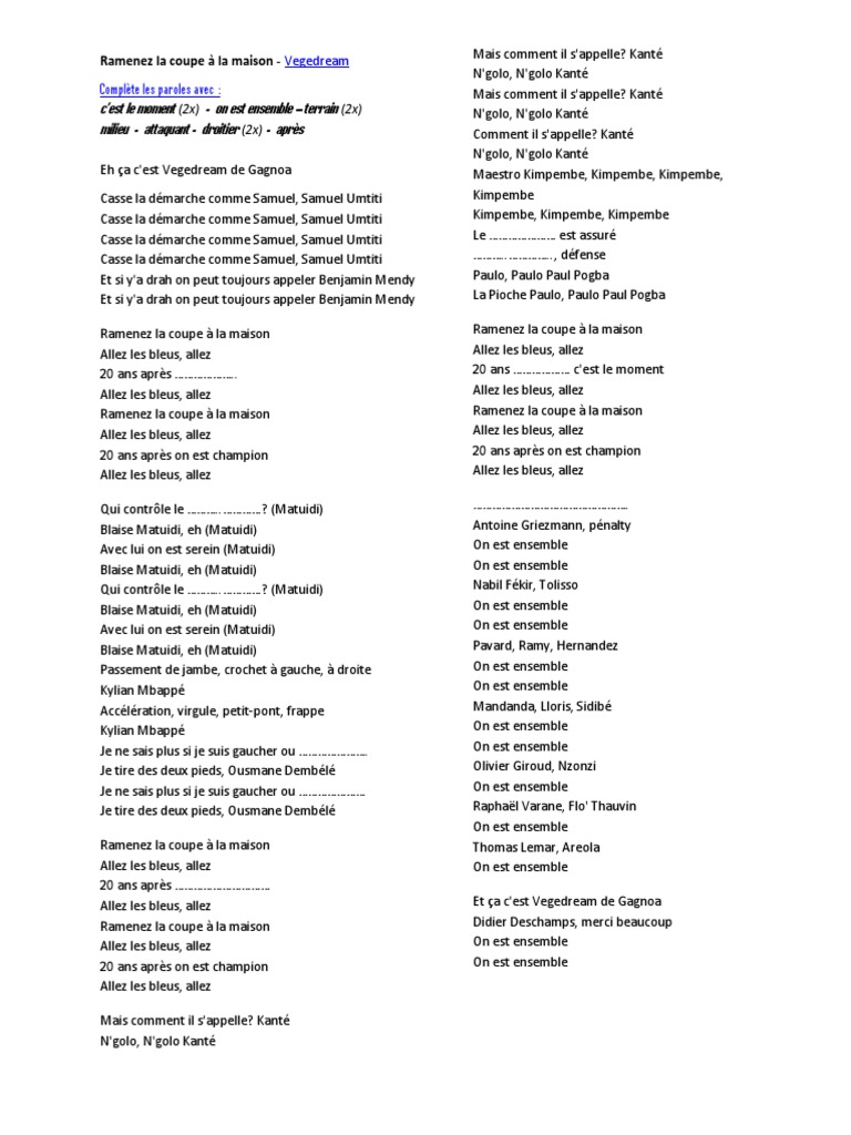 Ramenez La Coupe À La Maison Paroles À Compléter PDF Équipe de