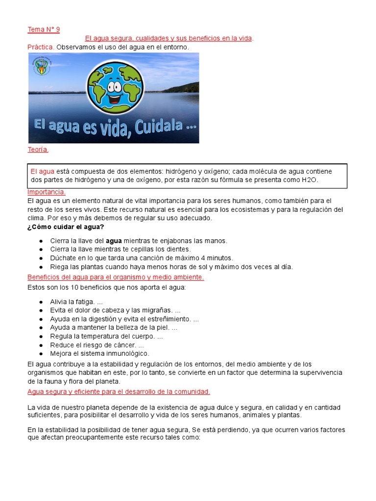 Beneficios y cuidado del agua segura | PDF | Agua | Entorno natural