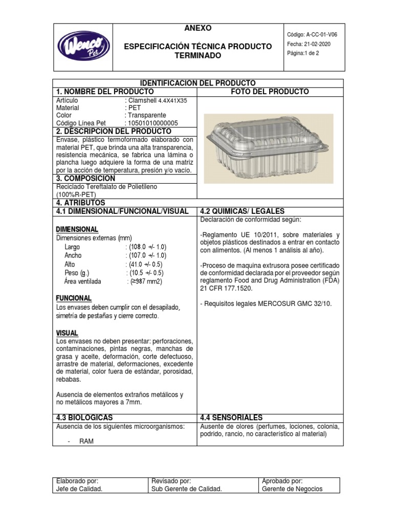 FICHA TECNICA CLAMSHELL 4.4oz X 41 X 35 V06 | PDF | El plastico ...