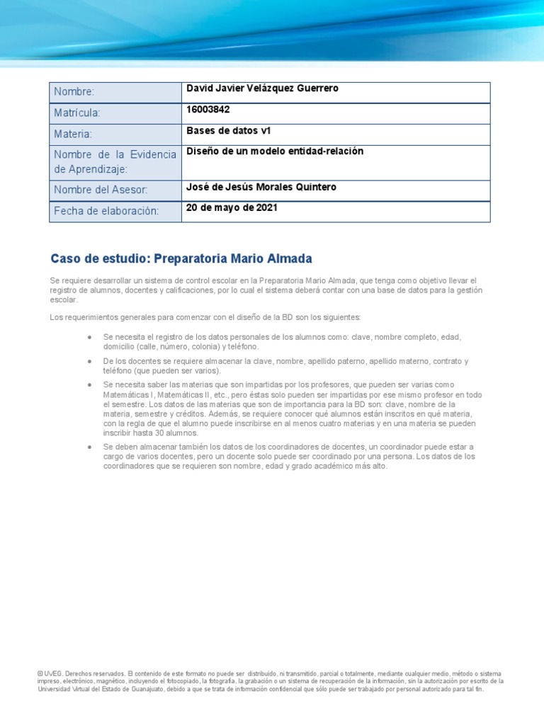 Velázquez - David - Modelo ER | PDF | Bases de datos | Ciencias de la ...