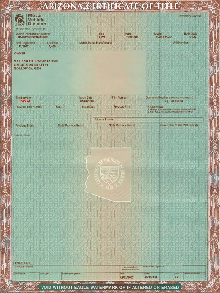 Arizona Vehicle Title and Lien Release | PDF