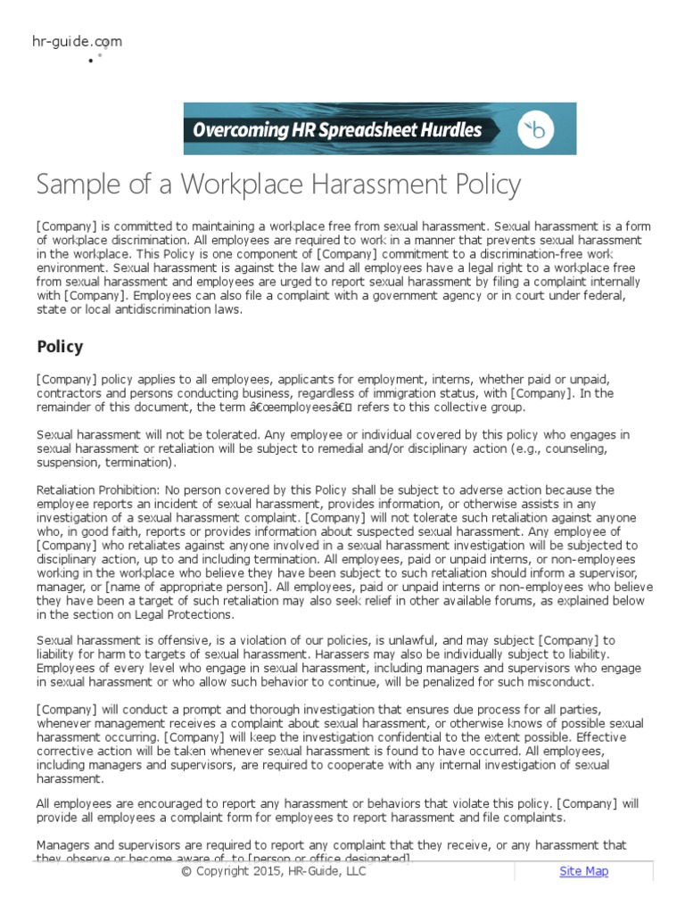 Sample of A Workplace Harassment Policy PDF Sexual Harassment