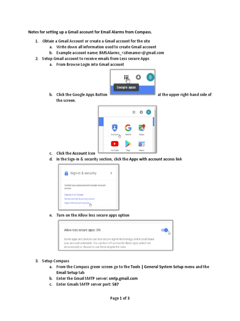 Notes For Setting Up A Gmail Account For Email Alarms From Compass