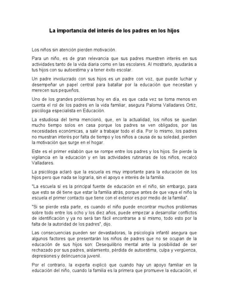 La Importancia Del Interés de Los Padres en Los Hijos | PDF | Familia ...
