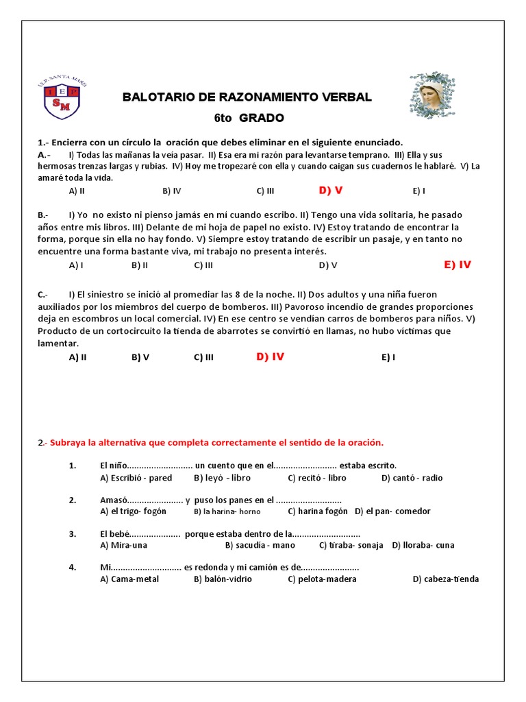 Ejercicios de Razonamiento Verbal 6to Grado | PDF | Artes del Lenguaje ...