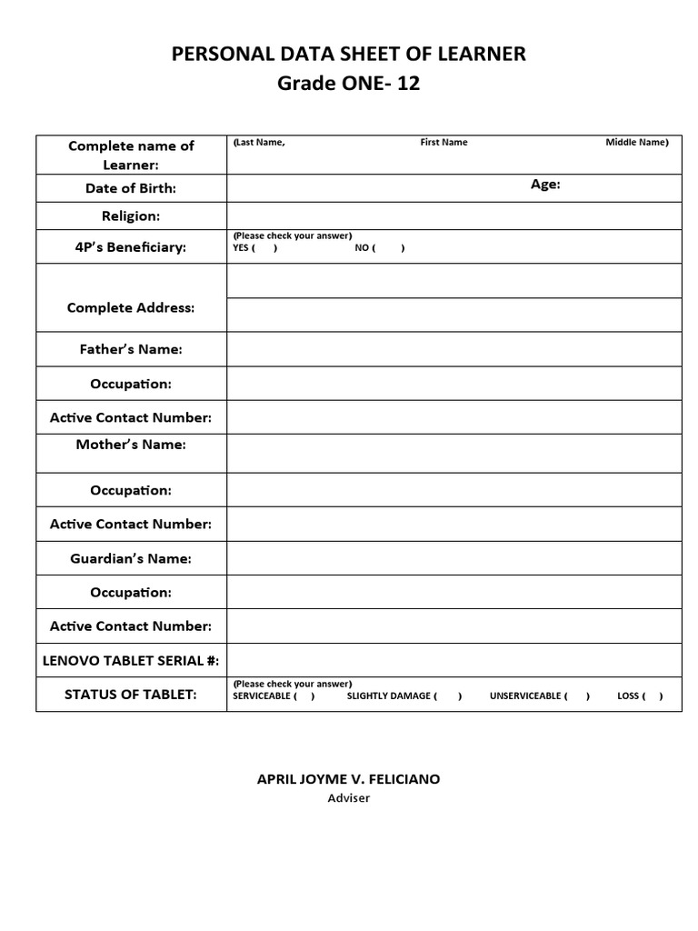Personal Data Sheet of Learner | PDF