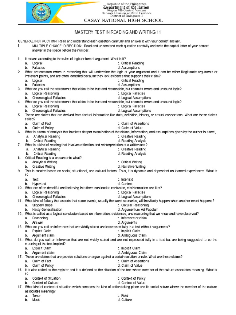 4th Quater Mastery Test | PDF | Fallacy | Logic