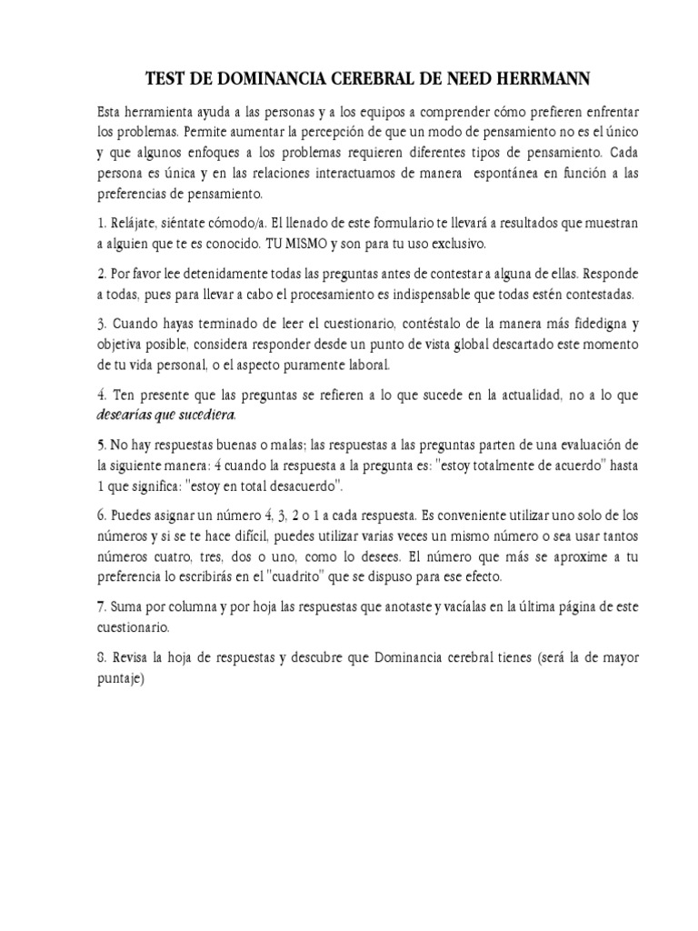 Test de Dominancia Cerebral | Descargar gratis PDF | Pensamiento ...