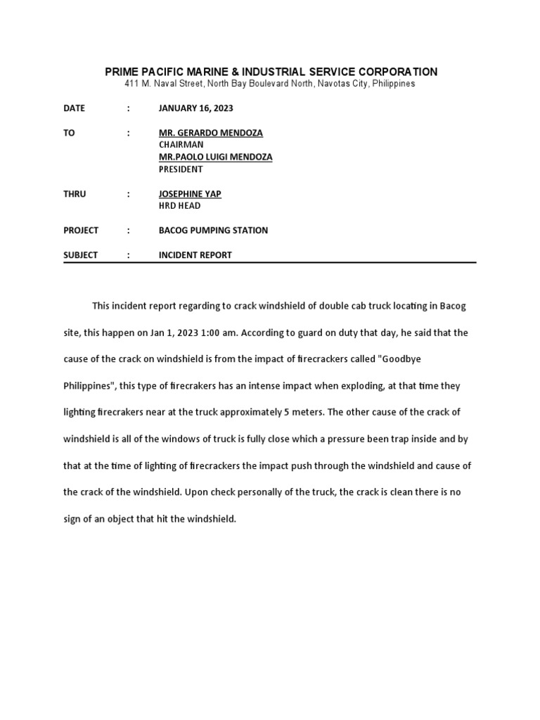 Incident Report Windshield Crack | PDF