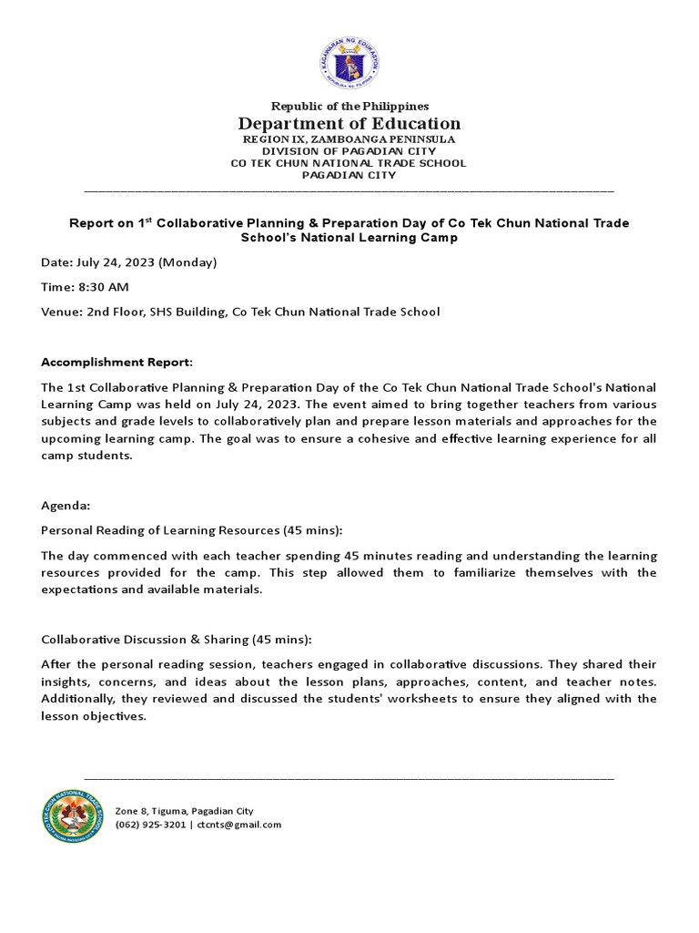 Collaborative Planning Report for Teachers | PDF | Teachers | Lesson Plan