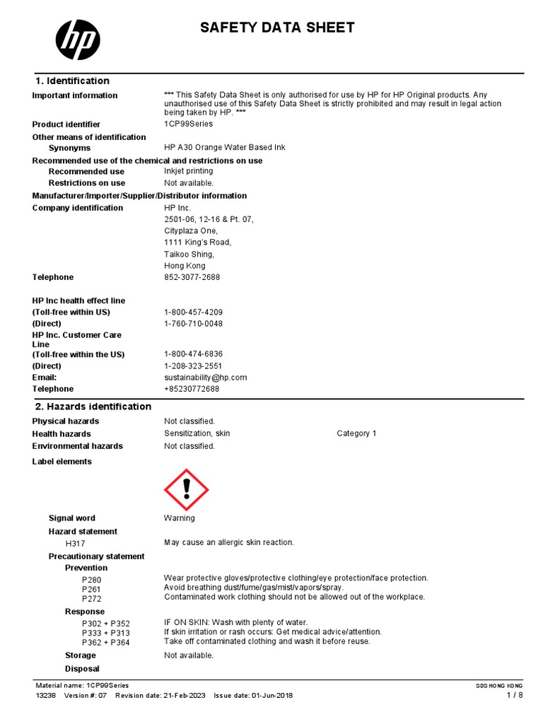 HP A30 Orange Ink Safety Data Sheet | PDF | Dangerous Goods | Toxicity