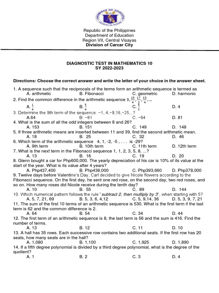 Diagnostic Test in Mathematics 10 2022 2023 PDF Odds Percentile