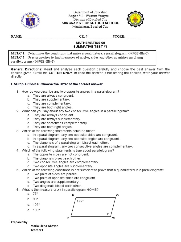 Geometry G9 Summative Test on Parallelograms | PDF | Angle | Classical ...