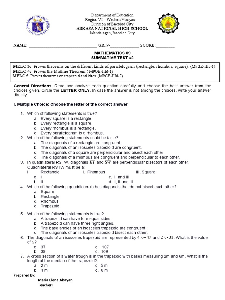 G9 - Summative Test 1 - Melc 3 | PDF | Rectangle | Perpendicular