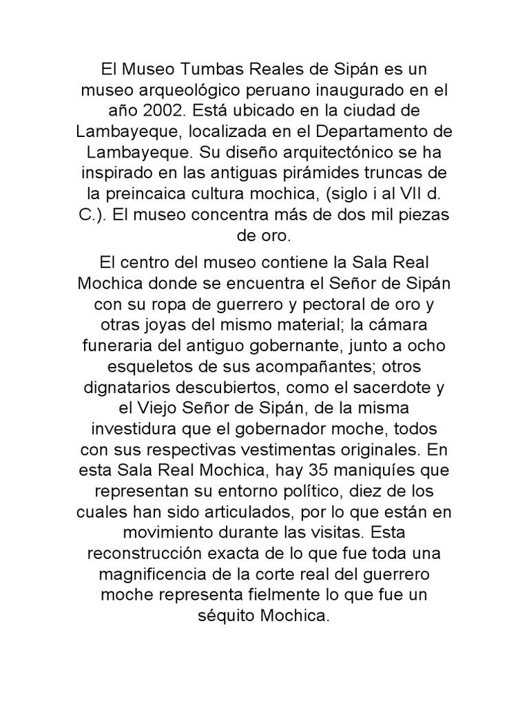 El Museo Tumbas Reales de Sipán Es Un Museo Arqueológico Peruano Inaugurado en El Año 2002 PDF