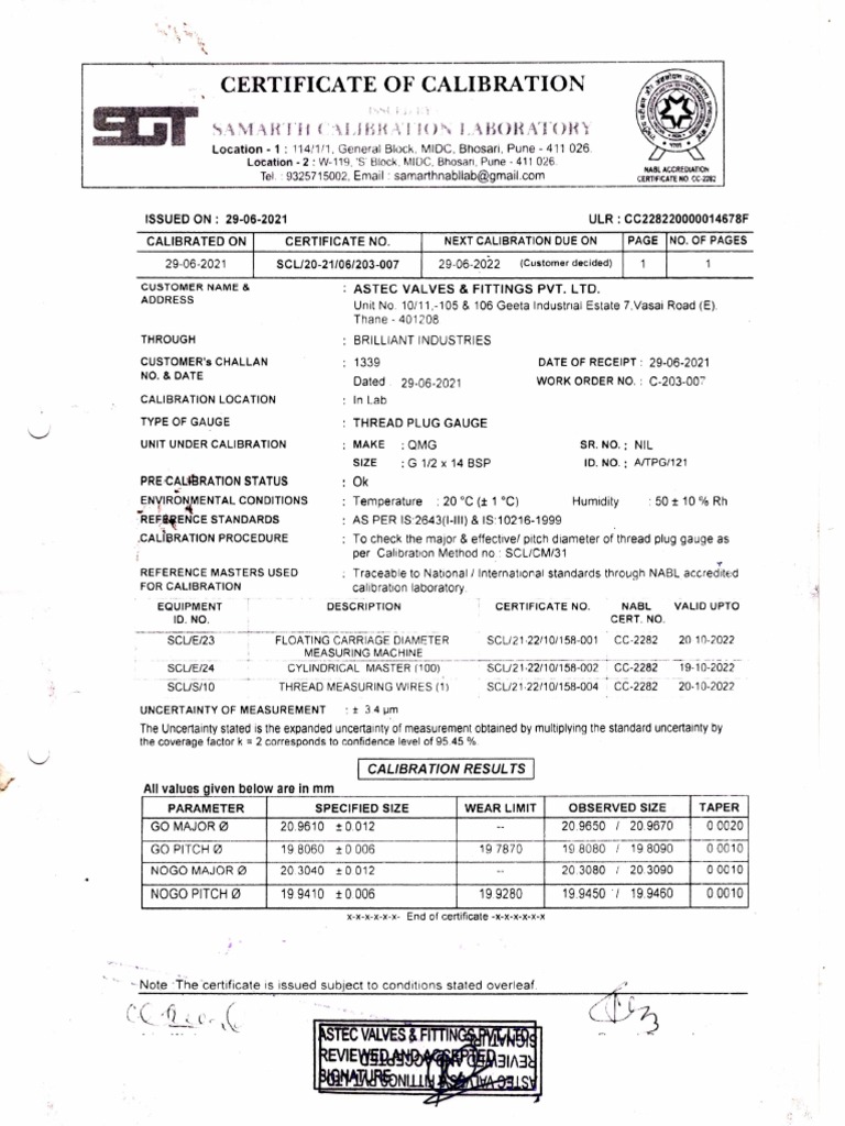Class Note On Calibration Certificate | PDF