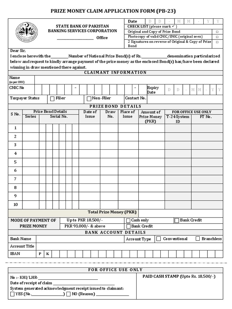 Prize Money Claim Form (PB-23) | PDF | Money | Government Finances