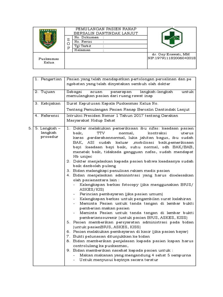 Sop Pemulangan Pasien Ranap Bersalin Dantindak Lanjut | PDF