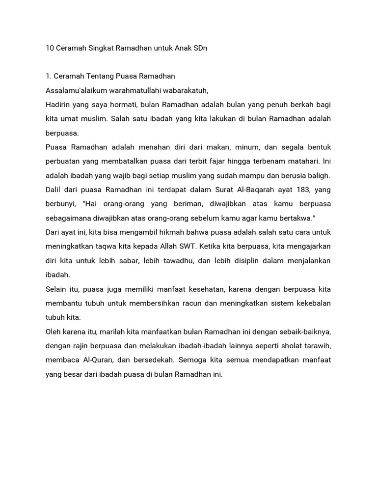 10 Ceramah Singkat Ramadhan Untuk Anak SDN PDF