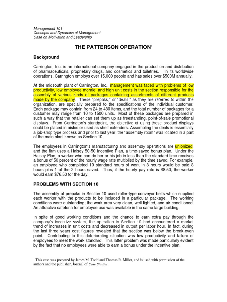 Case On Leading - The Patterson Operation | PDF | Incentive | Labour ...