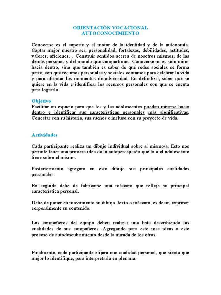 Orientación Vocacional - Actividades de Autoconocimiento | PDF ...