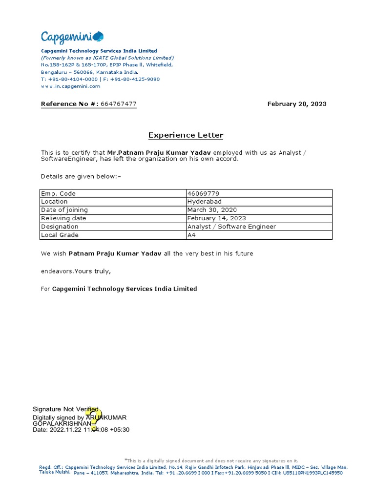 Experience Certificate Patnam | PDF