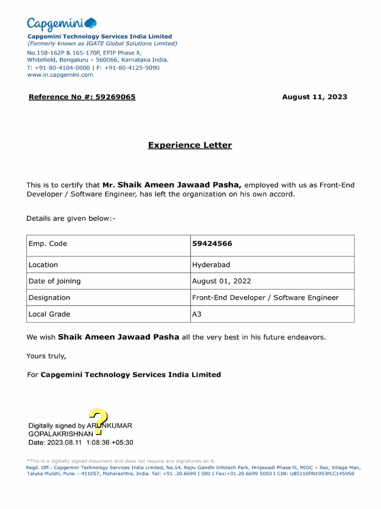 Experience Letter - Capgemini | PDF