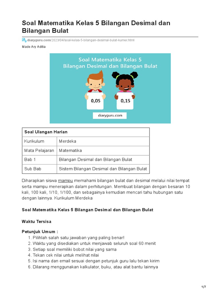 Soal Matematika Kelas 5 Bilangan Desimal Dan Bilangan Bulat | PDF