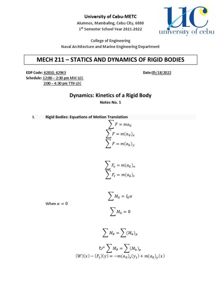 MECH 211: Statics & Dynamics Overview | PDF | Dynamics (Mechanics ...