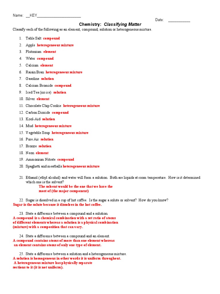 Ws Classification of Matter Key | PDF | Mixture | Chemical Elements