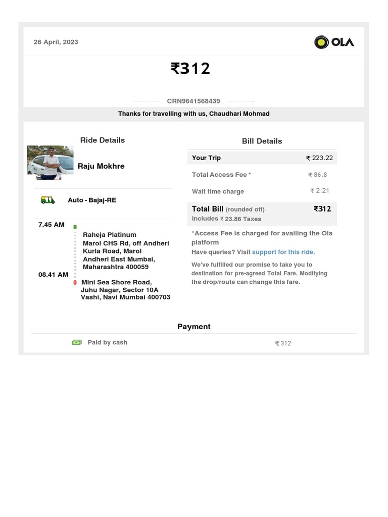 Crn9641568439 Ola Bill Pdf Invoice Economies