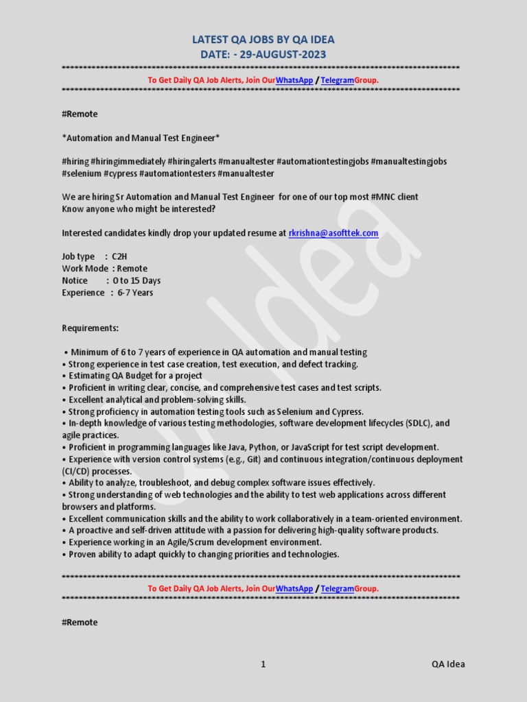Remote QA Automation Job Openings | PDF | Software Testing | Quality ...