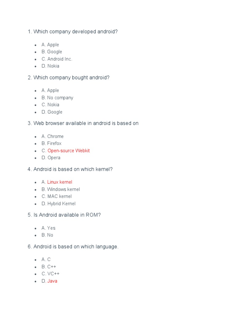 Android Quiz: Key Concepts & Features | PDF | Android (Operating System ...