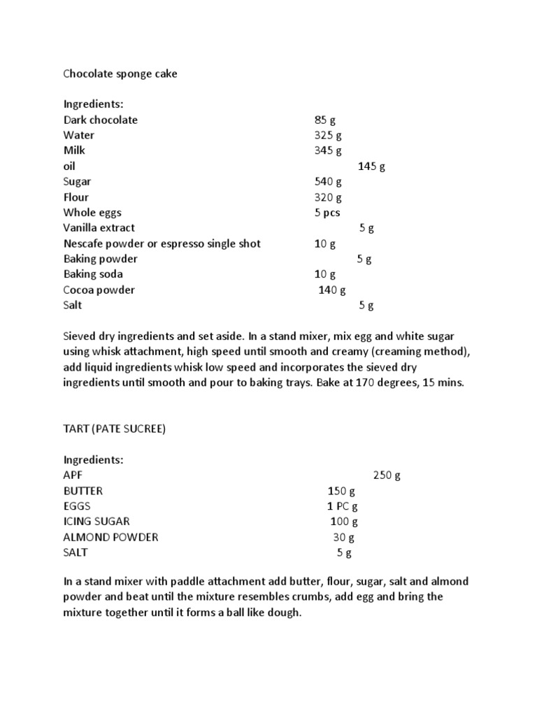 Moussechocolate Sponge CakeTart Ingredients Procedure PDF Cakes