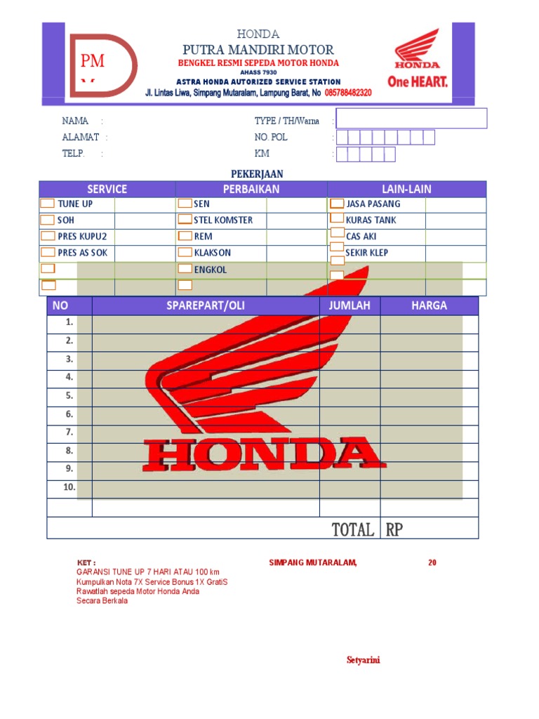 Nota Servis Motor Honda 2025 | PDF