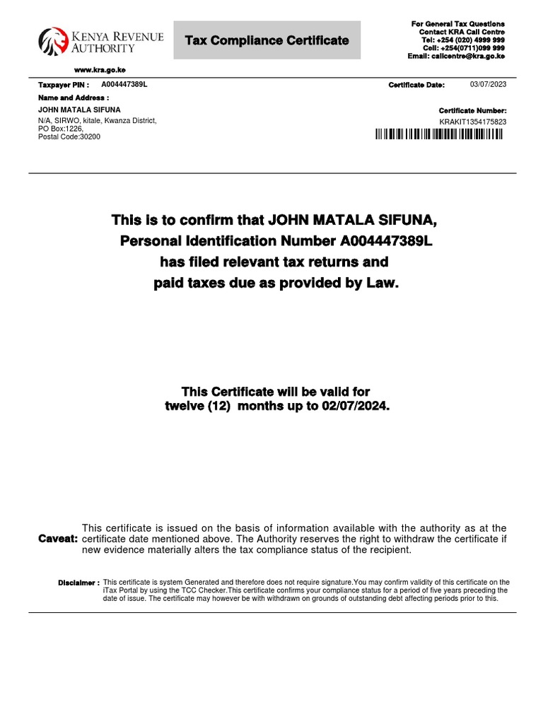 Tcc Certificate Matala Pdf