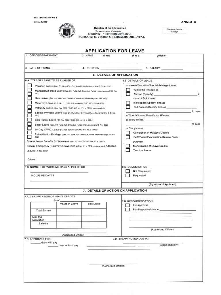 Revised Application For Leave Form CSC Form No. 6 | PDF