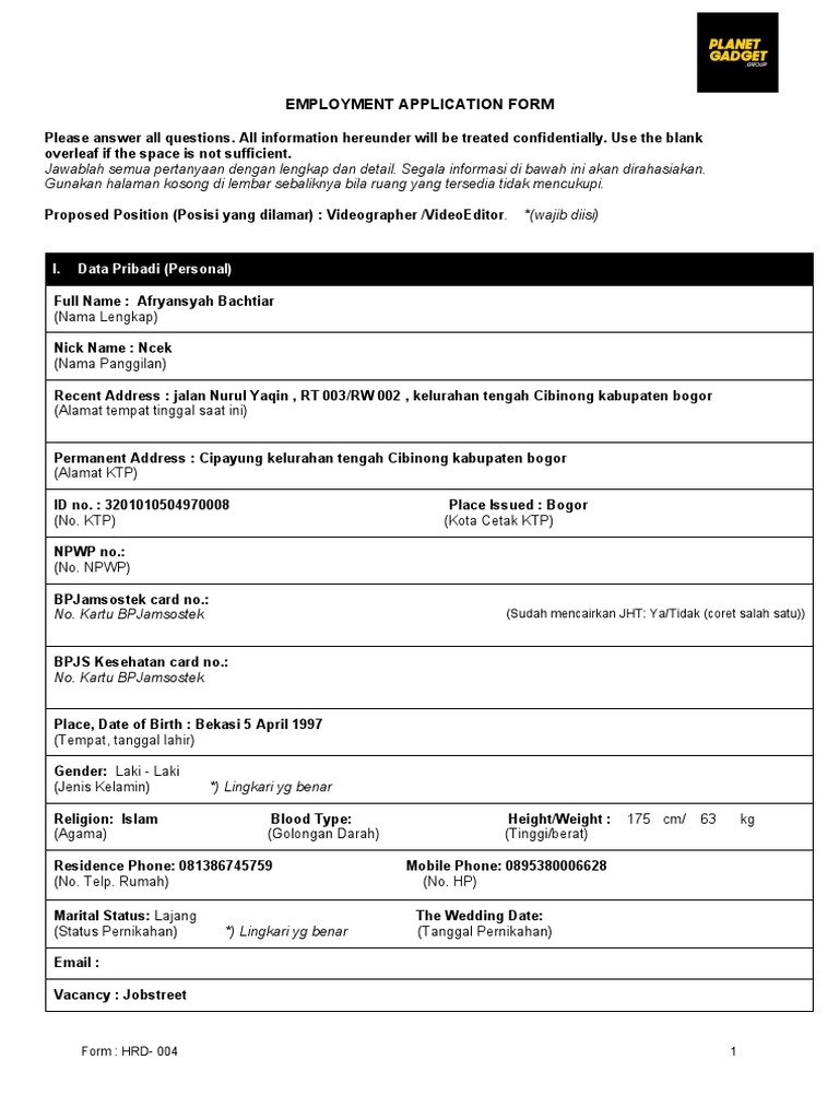 Form Employment Application - V.3 | PDF
