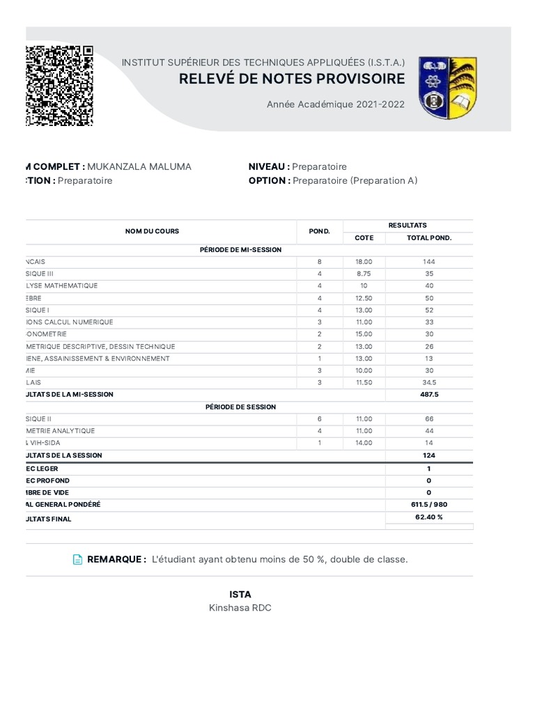 Relevé de notes provisoire ISTA 2021-2022 | PDF