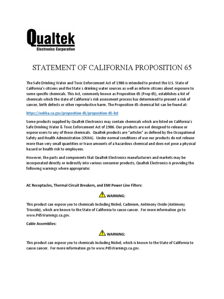 California Prop 65 Statement With Chemical Include PDF