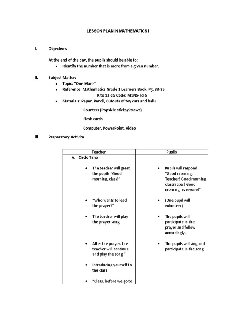 Grade 1 Math Lesson: One More Concept | PDF | Teachers | Pedagogy