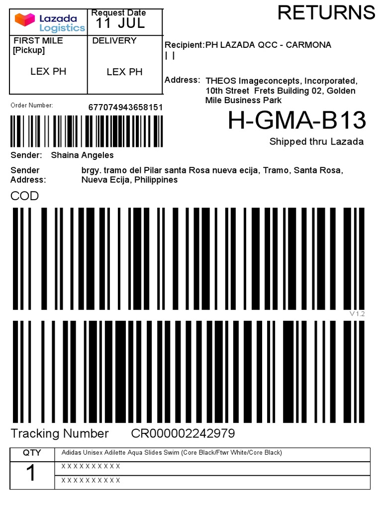 Lazada Return Label for Adidas Slides | PDF