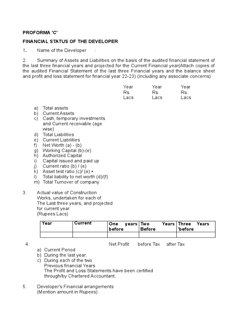 Financial Status Of Developer Pdf Balance Sheet Banks