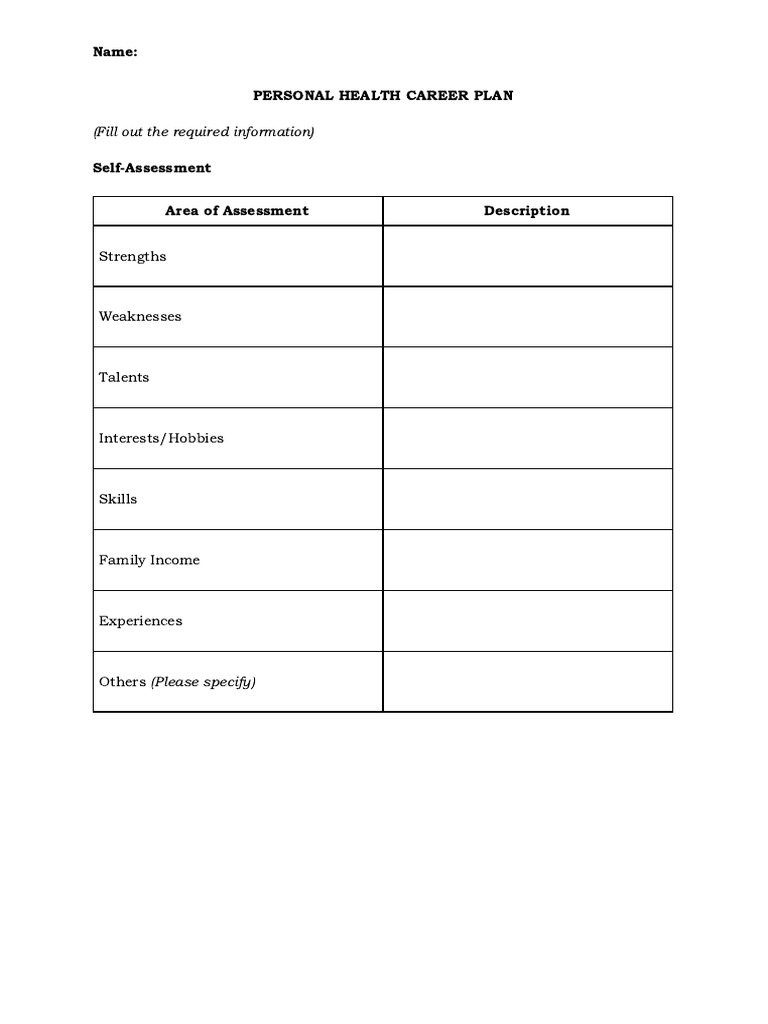 Personal Health Career Plan Template | PDF | Self-Improvement