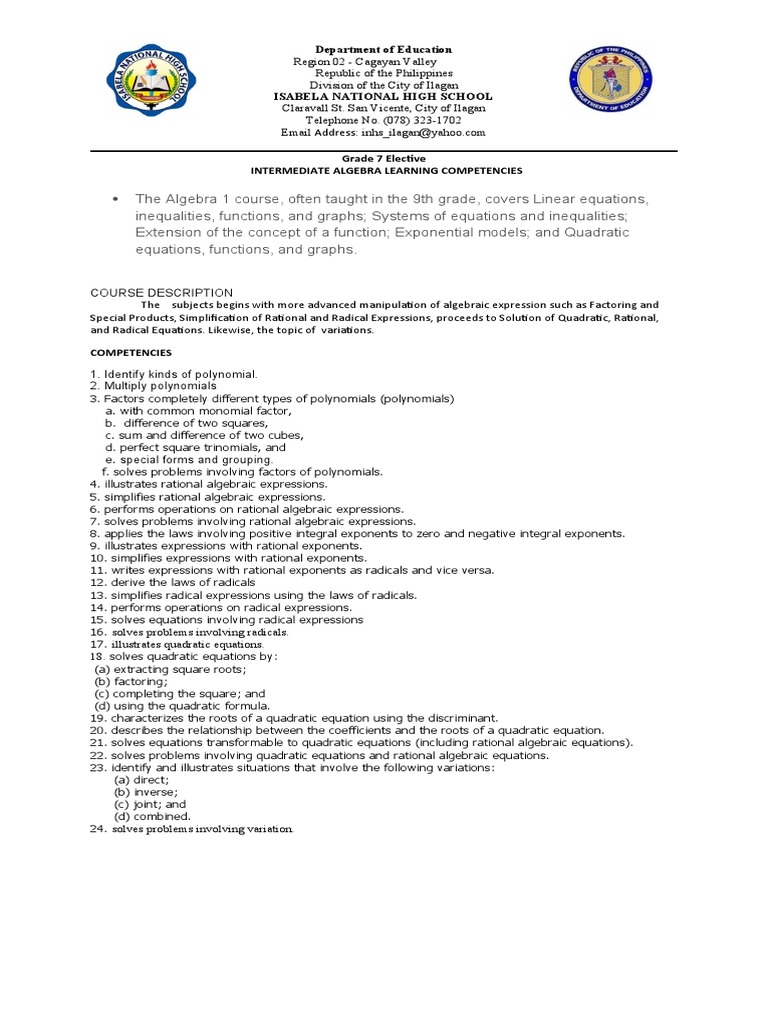 Intermediate Learning Competencies | Download Free PDF | Equations ...