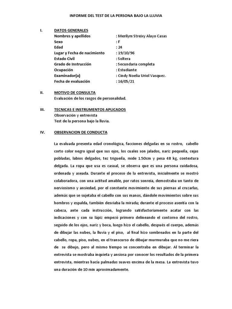 Informe Del Test de La Persona Bajo La Lluvia | PDF | Ansiedad | Las ...