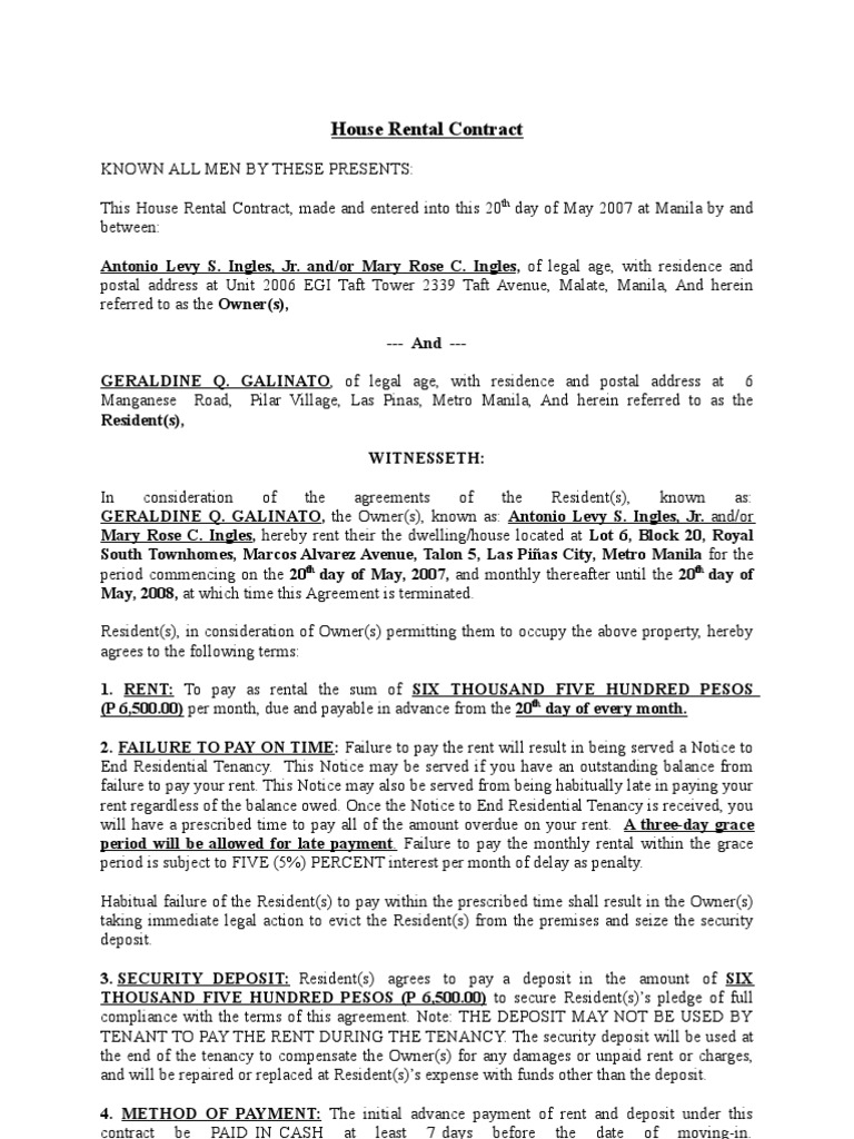 House Rental Agreement Sample | PDF | Leasehold Estate | Eviction