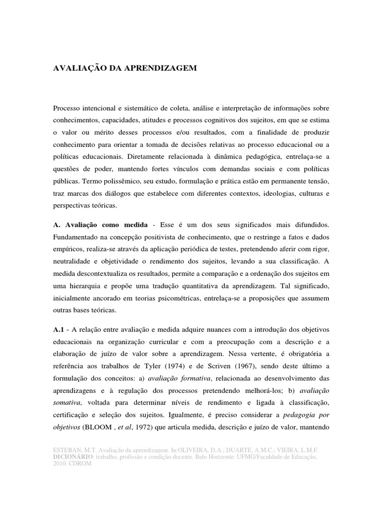 Avaliação da Aprendizagem e suas Dimensões | PDF | Aprendizado | Pedagogia